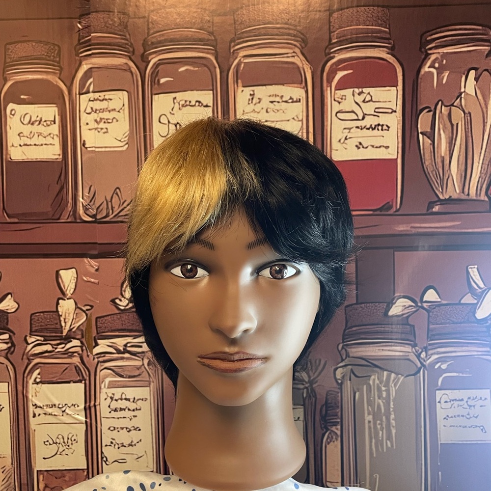 Two-Tone Black and Blonde Synthetic Wig Bundle. 5 Piece Set.